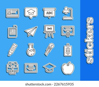 Set line Apple, Identification badge, Certificate template, Chalkboard, Paper airplane, Document,  and  icon. Vector