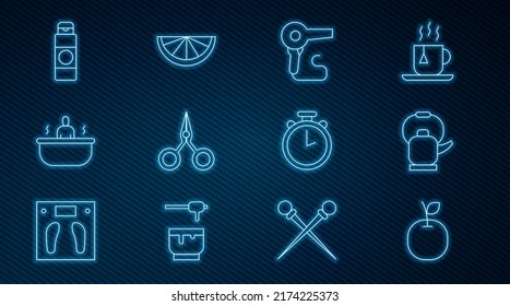 Set line Apple, Kettle with handle, Hair dryer, Scissors, Bathtub, Cream lotion cosmetic tube, Stopwatch and Citrus fruit icon. Vector