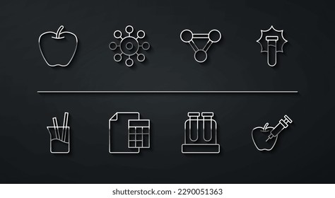 Set line Apple, Laboratory glassware, Explosion in the flask, Test tube, Calculator, Virus, Genetically modified apple and Molecule icon. Vector