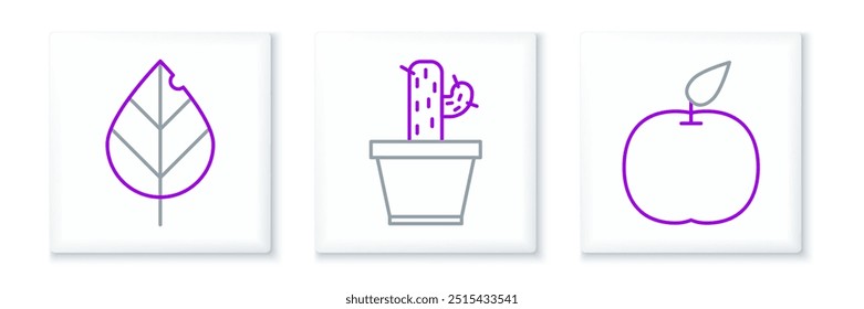 Set line Apple, Leaf and Cactus and succulent in pot icon. Vector