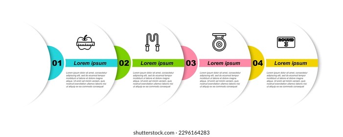 Set Linie Apfel und Messband, Sprungseil, Gong und Boxboard. Infografik-Vorlage für Unternehmen. Vektorgrafik