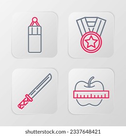 Set Linie Apple und Mess-Band, Japanisch Katana, Medal und Punching Tasche Symbol. Vektorgrafik