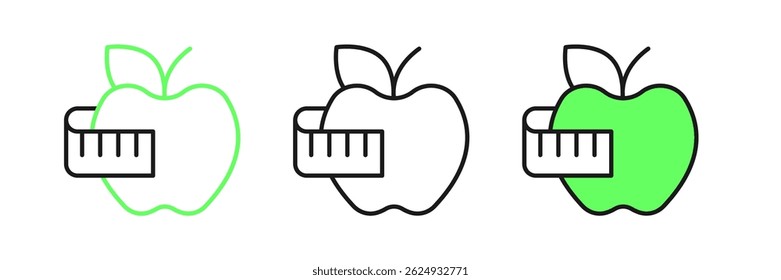 Definir linha Apple e ícone de fita de medição isolado no fundo branco. Peso em excesso. Menu de dieta saudável. Fitness dieta maçã.  Vetor