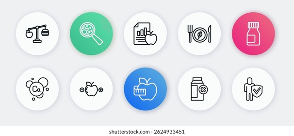 Set line Apple e fita de medição, Vitaminas, Cálcio, intolerância à lactose, dieta alimentar vegan, plano de dieta, estilo de vida saudável e ícone da calculadora de calorias. Vetor