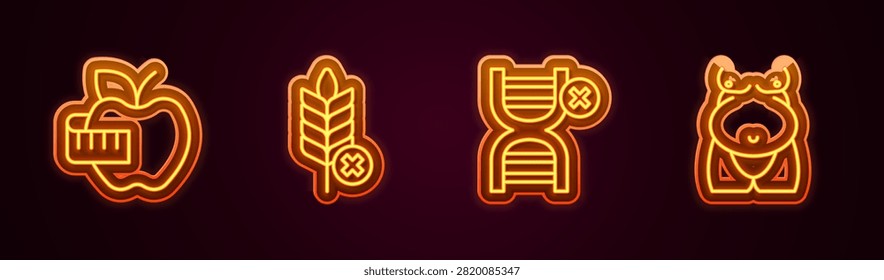 Set line Apple and measuring tape, Gluten free grain, No GMO and Obesity. Glowing neon icon. Vector