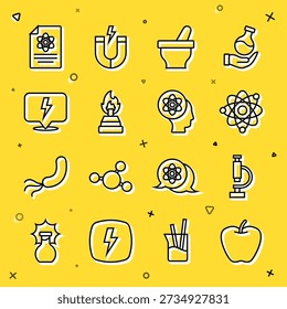 Set line Apple, Microscope, Atom, Mortar and pestle, Alcohol spirit burner, Lightning bolt, Chemistry report and  icon. Vector
