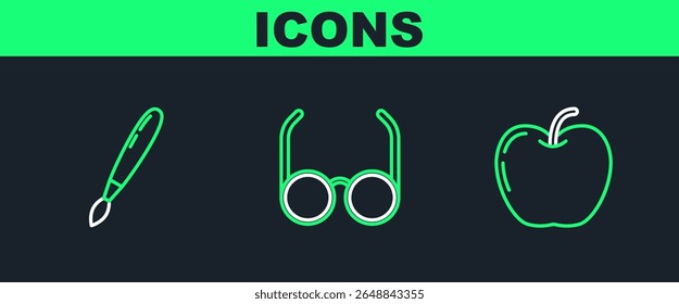 Set line Apple, Paint brush and Glasses icon. Vector