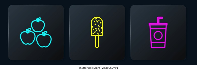 Set line Apple, Paper glass with straw and Ice cream. Black square button. Vector