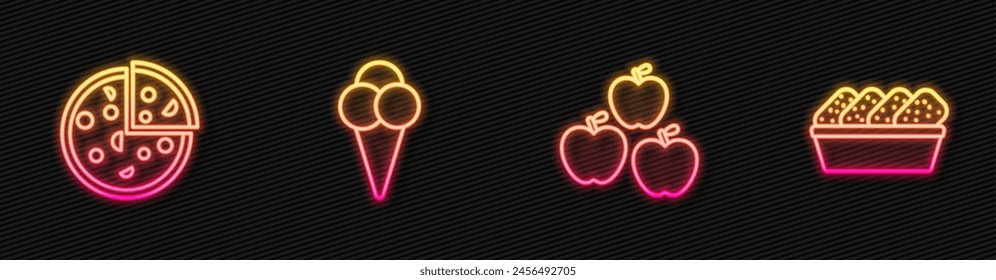 Set line Apple, Pizza, Ice cream in waffle cone and Chicken nuggets box. Glowing neon icon. Vector