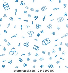 Set line Apple, Popcorn in box and Fried sausage on seamless pattern. Vector