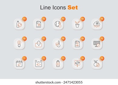 Set line Apple, Recycle clean aqua, Eco nature leaf battery, Shopping bag with recycle, Calendar autumn leaves, Solar energy panel, Bio fuel canister and Thermometer icon. Vector
