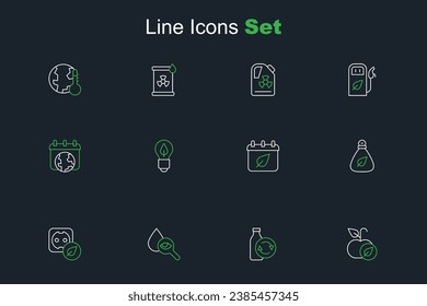 Set line Apple, Recycling plastic bottle, Drop and magnifying glass, Electrical outlet, Garbage bag, Calendar with autumn leaves, Light bulb leaf and World Earth day icon. Vector