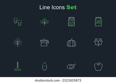 Set line Apple, Roasted turkey or chicken, Acorn, Garden rake, Chestnut, Pumpkin, Teapot and Leaf icon. Vector