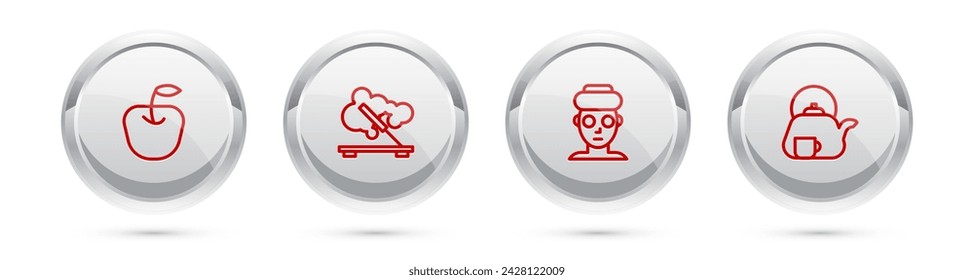 Set line Apple, Scented spa stick, Facial cosmetic mask and Teapot with cup. Silver circle button. Vector