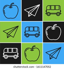 Set line Apple, School Bus and Paper airplane icon. Vector