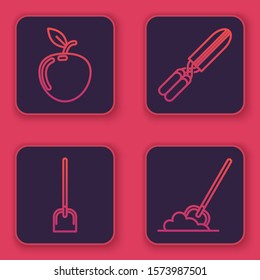 Set line Apple, Shovel, Gardening handmade scissors for trimming and Shovel in the ground. Blue square button. Vector