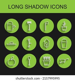 Set line Apple, Shovel, Watering can, Plants pot, Wheelbarrow, Grass and weed electric string trimmer, Bucket and Retro wall watch icon. Vector
