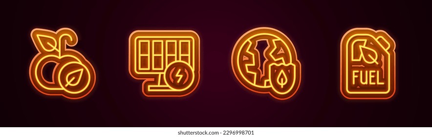 Set line Apple, Solar energy panel, Earth with shield and Bio fuel canister. Glowing neon icon. Vector