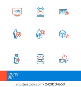 Set line Apple, Sports nutrition proteine, Lactose intolerance, No sugar free, Healthy lifestyle, Palm oil, GMO and Diet plan icon. Vector