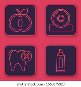 Fije la línea Apple, Diente con caries, Reflector Otolaringológico de cabeza y Tubo de dentífrico. Botón cuadrado azul. Vector