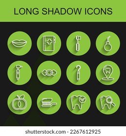 Set line Apple, Toothbrush with toothpaste, Smiling lips, whitening concept, Dental search, Candy, clinic location and explorer scaler for teeth icon. Vector