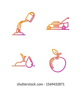 Set line Apple, Watering sprout, Watering can with water and Lawn mower. Gradient color icons. Vector
