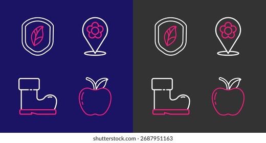 Set line Manzana, bota de goma impermeable, Locación con flor y icono de hoja de escudo. Vector