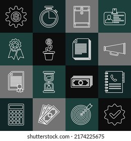 Fijar línea Aprobada y marca de verificación, Libro de teléfonos, Megáfono, Sobre, Planta de Dólar en la olla, Medalla con estrella, Símbolo de Gear Dólar e ícono de Documento. Vector