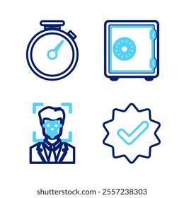 Set line Approved and check mark, Face recognition, Safe and Stopwatch icon. Vector