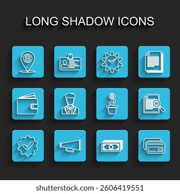 Set line Approved and check mark, Megaphone, Cash location pin, Stacks paper money cash, Credit card, User of man business suit, Document with search and Dollar plant the pot icon. Vector