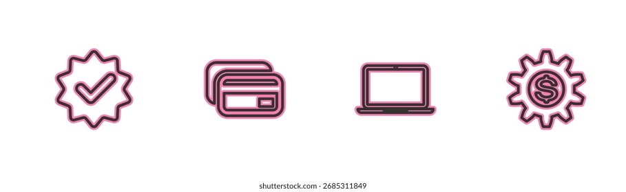 Zeile setzen Genehmigt und Häkchen, Laptop, Kreditkarte und Ausrüstung mit Dollar Symbol Symbol. Vektorgrafik