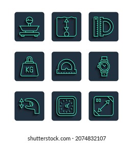 Set line Approximate measurements, Clock, Diagonal measuring, Protractor and ruler, Weight, Scales and Wrist watch icon. Vector