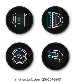 Set line Approximate measurements, Compass, Protractor and ruler and Measuring cup icon. Vector