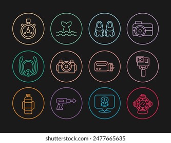 Set line Aqualung, Action extreme camera, Flippers for swimming, Photo diver, Diving mask with snorkel, Stopwatch, Flashlight and Whale tail icon. Vector