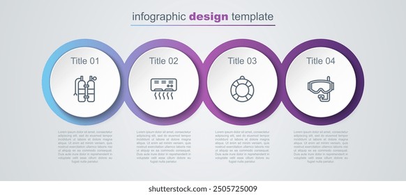 Set line Aqualung, Air conditioner, Lifebuoy and Diving mask. Business infographic template. Vector