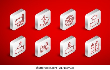 Set line Aqualung, Anchor, Radar with targets, Sun, Floating buoy, Diving mask and snorkel, Binoculars and Bottle message water icon. Vector