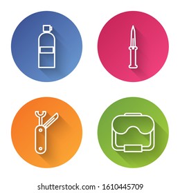 Set line Aqualung, Army knife, Swiss army knife and Diving mask. Color circle button. Vector