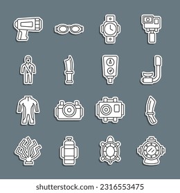 Set line Aqualung, Diving knife, Snorkel, watch, Wetsuit for scuba diving, Flashlight diver and Gauge scale icon. Vector