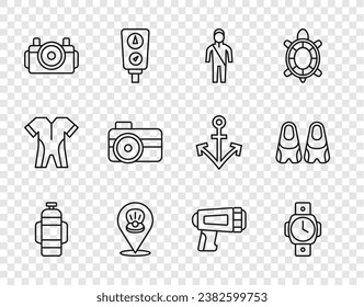Set line Aqualung, Diving watch, Wetsuit for scuba diving, Scallop sea shell, Photo camera diver, Flashlight and Flippers swimming icon. Vector