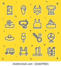 Set line Aqualung, Electric fan, Cruise ship, Swimsuit, Diving mask, Road traffic sign, Soda can and Sleeveless T-shirt icon. Vector