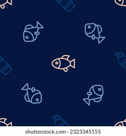 Set line Aqualung, Fish and  on seamless pattern. Vector