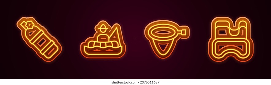 Set line Aqualung, Fisherman in boat, Fishing net and Diving mask. Glowing neon icon. Vector