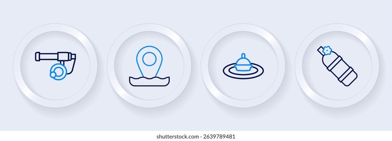 Set line Aqualung, Fishing float in water, Location fishing and rod icon. Vector