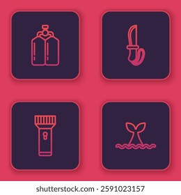 Set line Aqualung, Flashlight, Knife and Whale tail in ocean wave. Blue square button. Vector