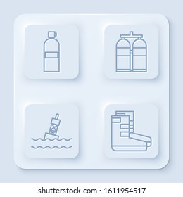 Set line Aqualung, Aqualung, Floating buoy on the sea and Boots. White square button. Vector