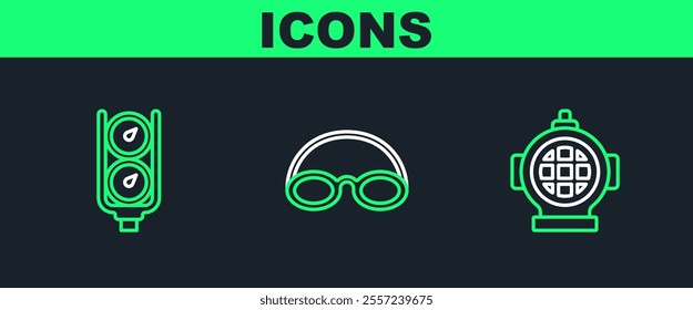 Set line Aqualung, Gauge scale and Glasses and cap icon. Vector