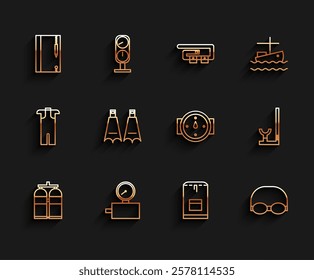 Set line Aqualung, Gauge scale, Underwater note book and pencil, Backpack, Glasses cap for swimming, Rubber flippers, Snorkel and Wind rose icon. Vector