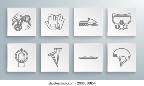 Set line Aqualung, Gloves, Pegs for tents, Snowboard, Helmet, Snowmobile, Diving mask and Bicycle trick icon. Vector