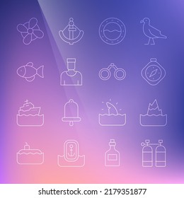 Set line Aqualung, Iceberg, Compass, Ship porthole, Sailor captain, Fish, Boat propeller and Binoculars icon. Vector