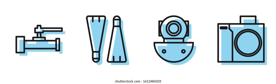 Set line Aqualung, Industry metallic pipes and valve, Rubber flippers for swimming and Photo camera for diver icon. Vector